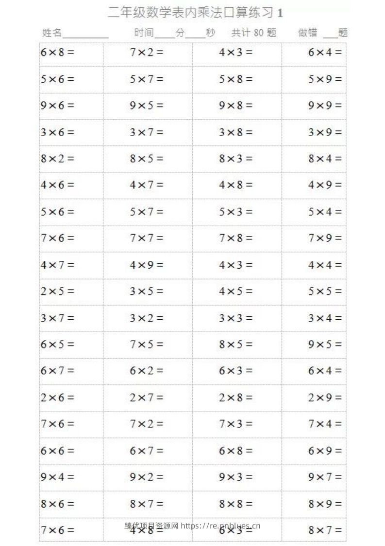 二上数学乘法口算题卡2 - 臻优资源网