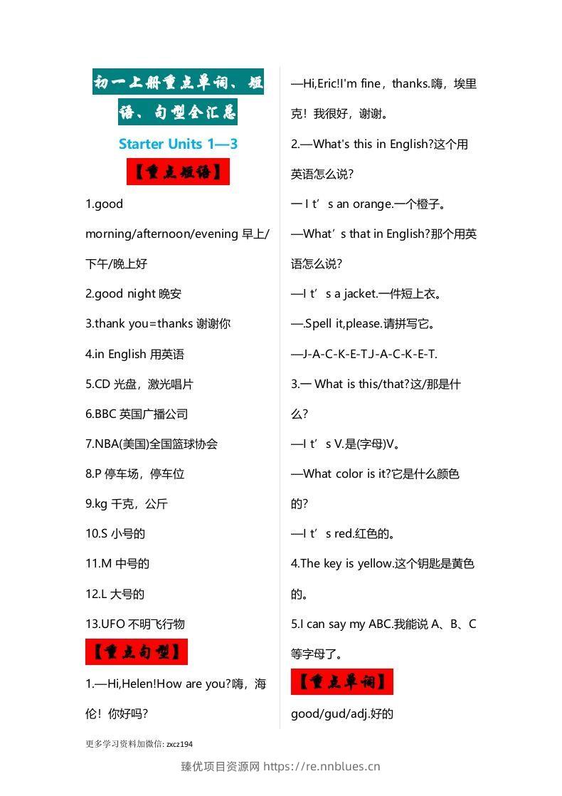 七年级上册：英语重点单词、短语、句型全汇总 - 臻优资源网