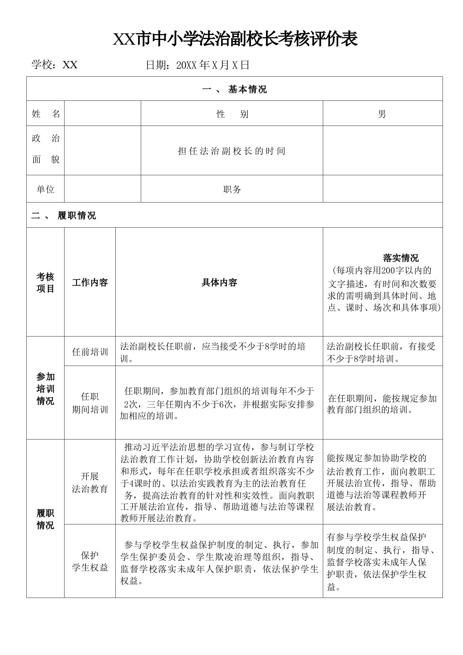 XX市中小学法治副校长考核评价表 - 臻优资源网