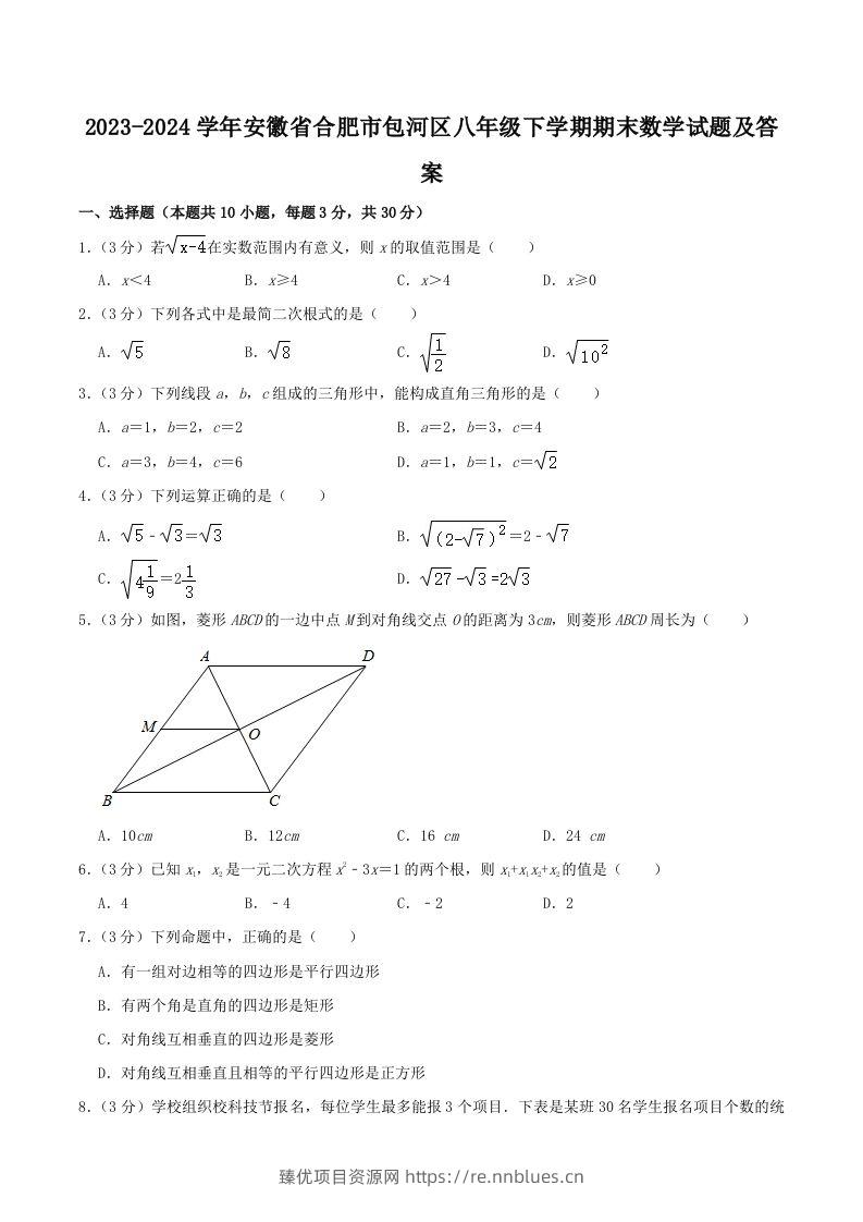 2023-2024学年安徽省合肥市包河区八年级下学期期末数学试题及答案(Word版) - 臻优资源网