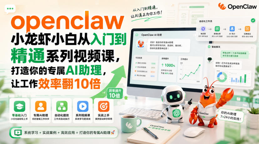 openclaw小龙虾小白从入门到精通系列视频课，打造你的专属AI助理，让工作效率翻10倍 - 臻优资源网