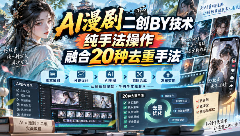 AI漫剧二创搬运技术，纯手法操作，融合20种去重手法 - 臻优资源网
