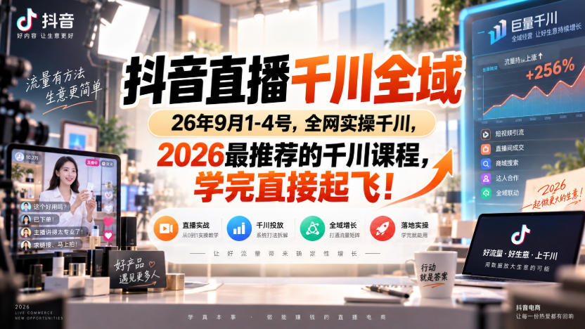 抖音直播千川全域26年9月1-4号，全网实操千川，2026最推荐的千川课程，学完直接起飞！ - 臻优资源网