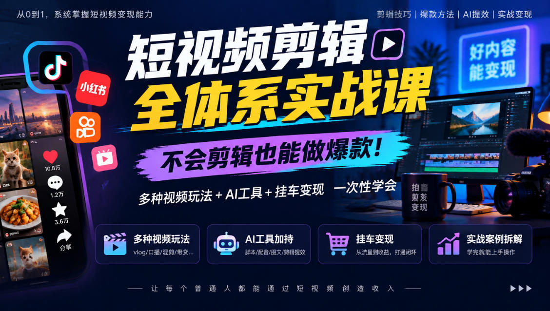 短视频剪辑全体系实战课，不会剪辑也能做爆款，多种视频玩法+AI工具+挂车变现一次性学 - 臻优资源网