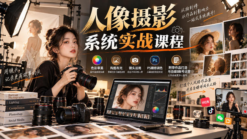 【无水印】人像摄影系统实战课程，色彩审美、构图布光、镜头运用、PS精修调色，附带作品打造与自媒体账号运营 - 臻优资源网