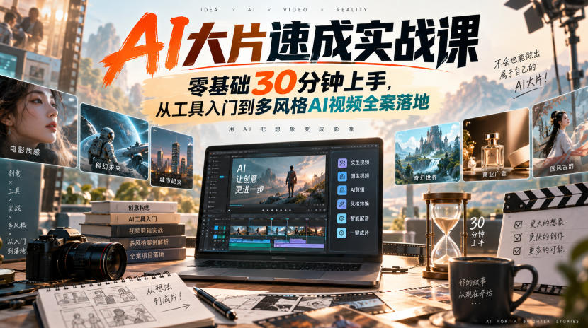 AI大片速成实战课｜零基础30分钟上手，从工具入门到多风格AI视频全案落地​ - 臻优资源网