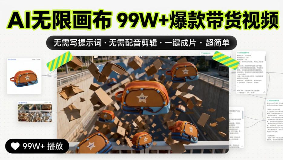 AI无限画布99W+爆款带货视频，无需写提示词·无需配音剪辑·一键成片·超简单 - 臻优资源网