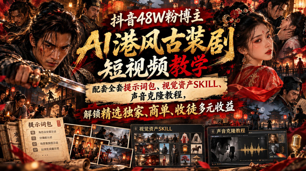 抖音48W粉博主AI港风古装剧短视频教学，配套全套提示词包、视觉资产SKILL、声音克隆教程，解锁精选独家、商单、收徒多元收益 - 臻优资源网
