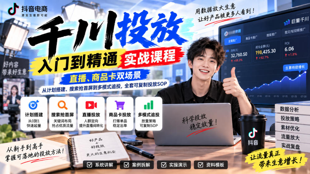 千川投放入门到精通实战课程，直播、商品卡双场景，从计划搭建、搜索抢首屏到多模式追投，全套可复制投放SOP - 臻优资源网