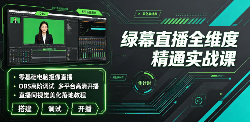 绿幕直播全维度精通实战课｜零基础电脑抠像直播、OBS高阶调试、多平台高清开播、直播间视觉美化落地教程 - 臻优资源网