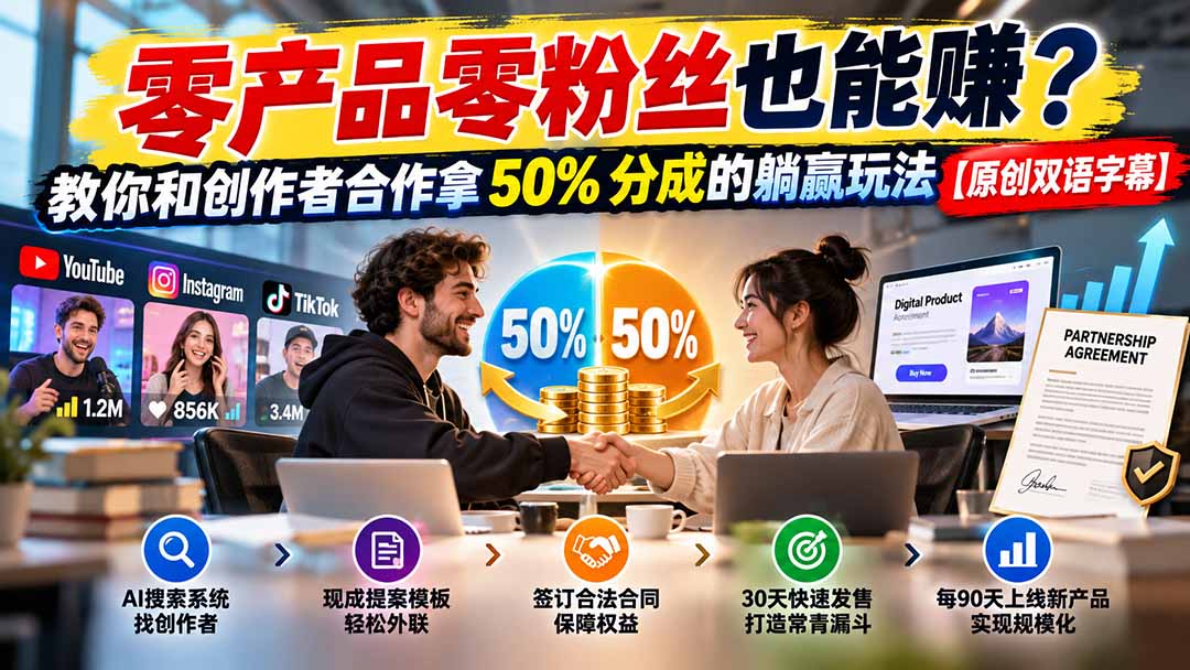 （20957期）零产品零粉丝也能赚？教你和创作者合作拿 50% 分成的躺赢玩法【原创双语字幕】 - 臻优资源网