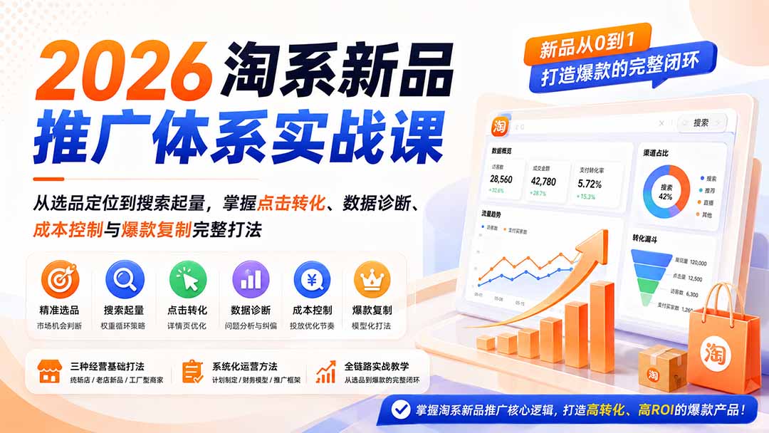 （19908期）2026淘系新品推广体系实战课：从选品定位到搜索起量，掌握点击转化、数据诊断、成本控制与爆款复制完整打法 - 臻优资源网