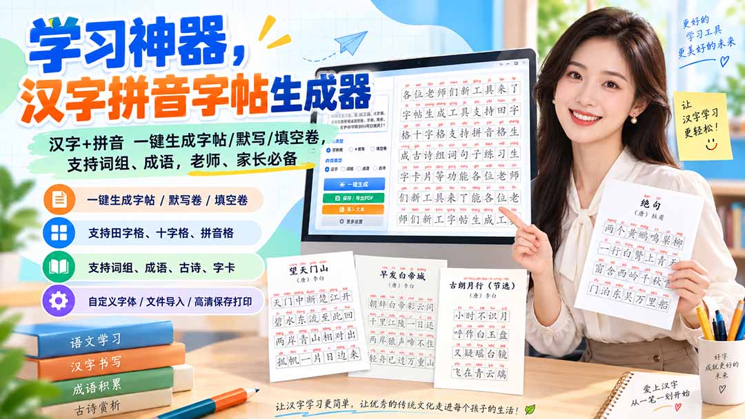 （20299期）学习神器，汉字拼音字帖生成器，汉字+拼音 一键生成字帖/默写/填空卷，支持词组、成语，老师、家长必备 - 臻优资源网
