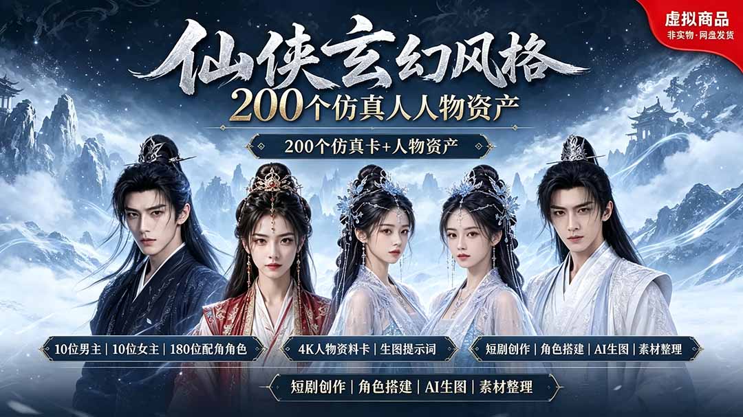 （19301期）200个仙侠玄幻仿真人素材◆10男主×10女主×180配角，4K资料卡+AI生图提示词，漫剧必备 - 臻优资源网