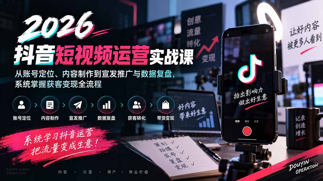 （20406期）2026抖音短视频运营实战课：从账号定位、内容制作到宣发推广与数据复盘，系统掌握获客变现全流程 - 臻优资源网