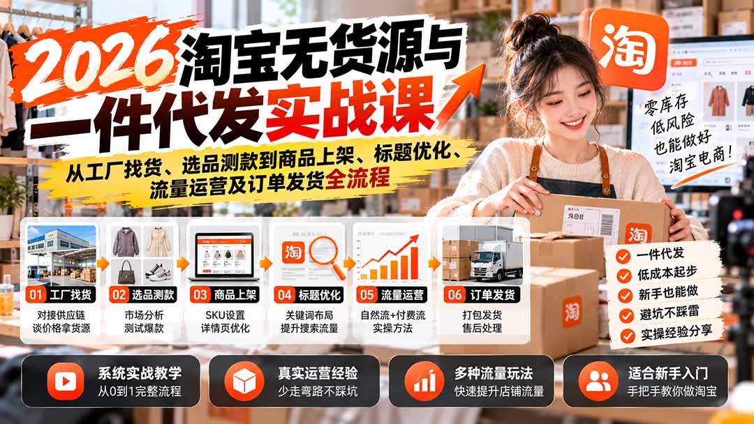 （20903期）2026淘宝无货源与一件代发实战课：从工厂找货、选品测款到商品上架、标题优化、流量运营及订单发货全流程 - 臻优资源网