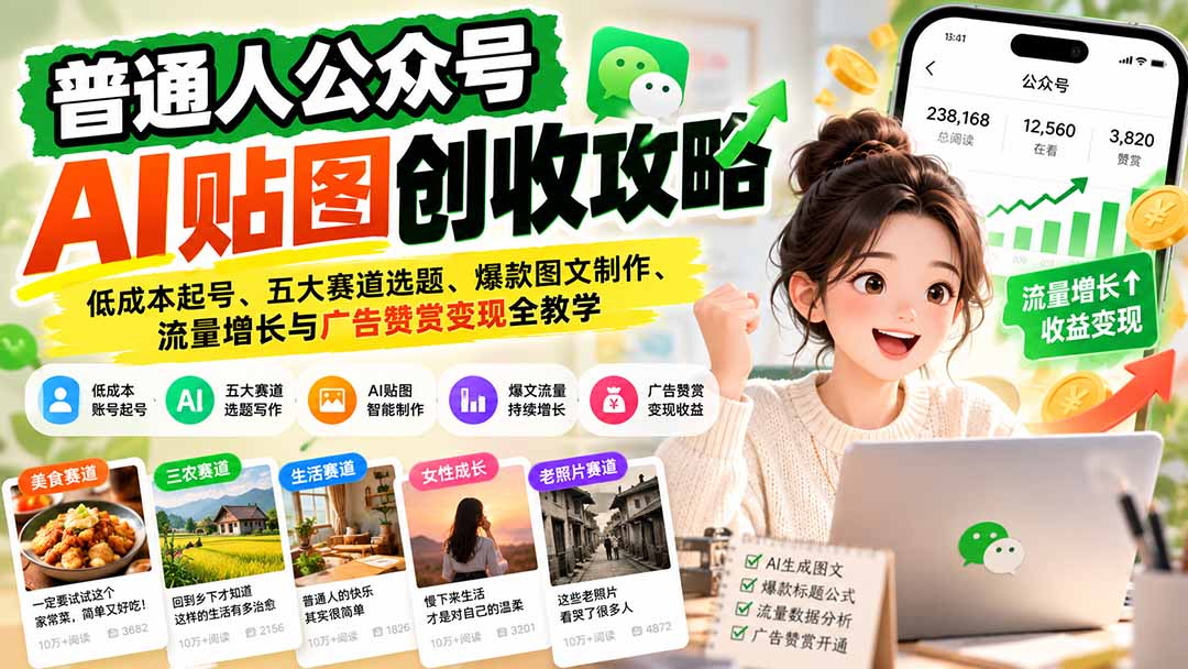 （20972期）普通人公众号AI贴图创收攻略：低成本起号、五大赛道选题、爆款图文制作、流量增长与广告赞赏变现全教学 - 臻优资源网