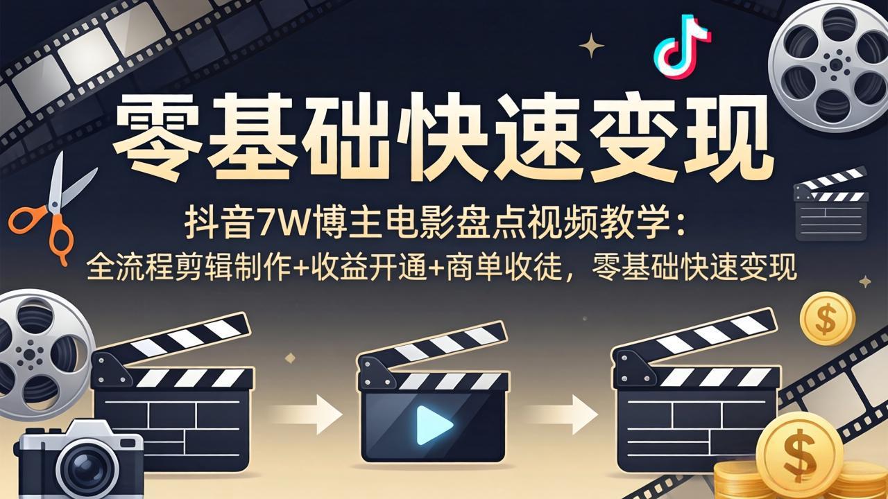 （18032期）抖音7W博主电影盘点视频教学：全流程剪辑制作+收益开通+商单收徒，零基础快速变现 - 臻优资源网