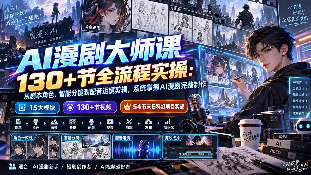 （20326期）AI漫剧大师课130+节全流程实操：从剧本角色、智能分镜到配音运镜剪辑，系统掌握AI漫剧完整制作 - 臻优资源网
