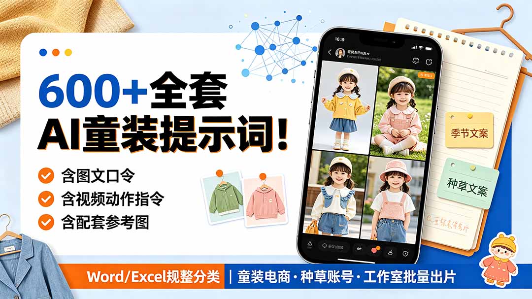 (19302期)600+全套AI童装提示词!含图文口令+视频动作指令+配套参考图,Word/Excel规整分类,童装电商、种草无脑量产内容 - 臻优资源网