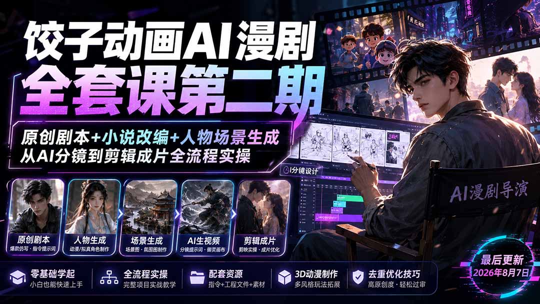 （19910期）饺子动画AI漫剧全套课第二期：原创剧本+小说改编+人物场景生成，从AI分镜到剪辑成片全流程实操 - 臻优资源网