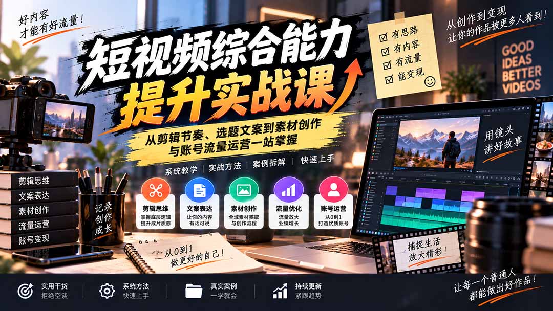（20599期）短视频综合能力提升实战课：从剪辑节奏、选题文案到素材创作与账号流量运营一站掌握 - 臻优资源网