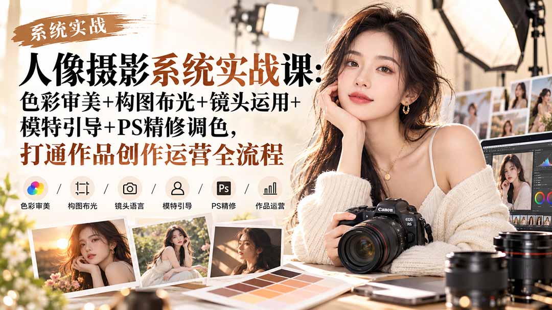 （20623期）【无水印】人像摄影系统实战课：色彩审美+构图布光+镜头运用+模特引导+PS精修调色，打通作品创作运营全流程 - 臻优资源网