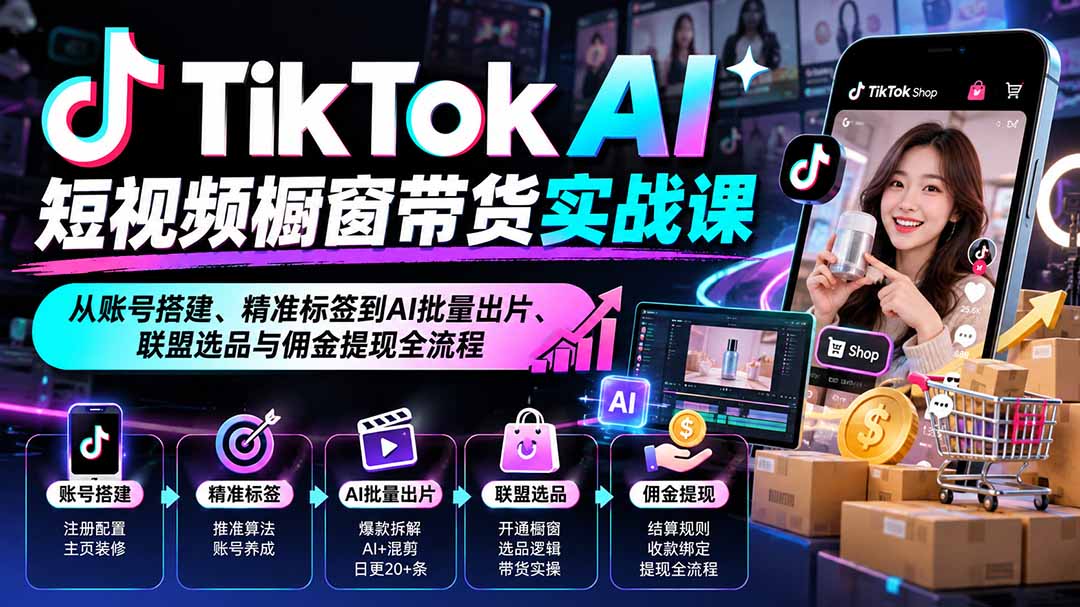 （20725期）TikTok AI短视频橱窗带货实战课：从账号搭建、精准标签到AI批量出片、联盟选品与佣金提现全流程 - 臻优资源网