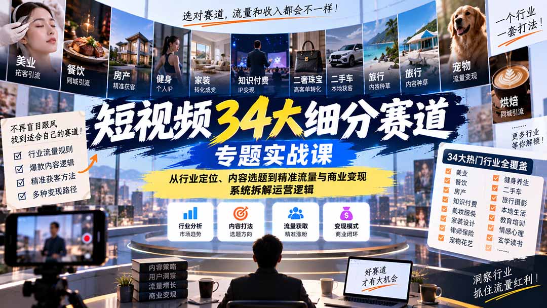 （20600期）短视频34大细分赛道专题实战课：从行业定位、内容选题到精准流量与商业变现，系统拆解运营逻辑 - 臻优资源网