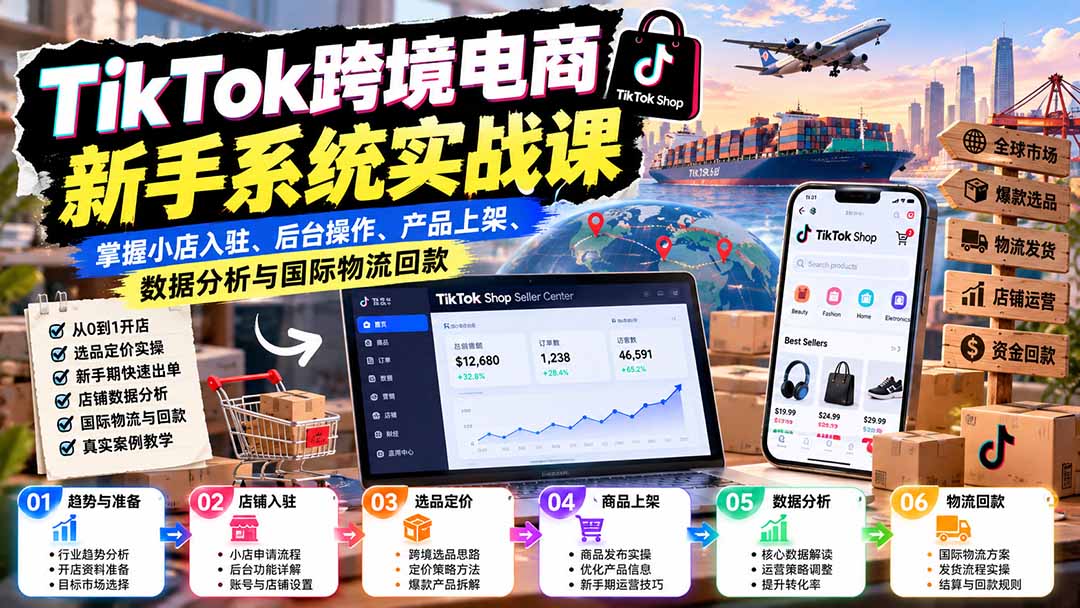 （20672期）TikTok跨境电商新手系统实战课：掌握小店入驻、后台操作、产品上架、数据分析与国际物流回款 - 臻优资源网