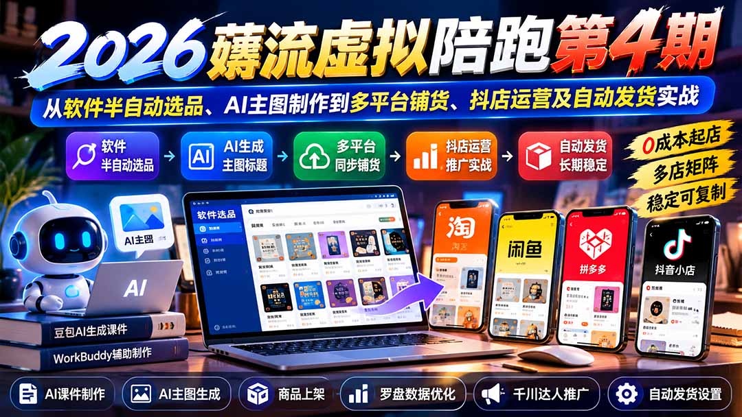 （20986期）2026薅流虚拟陪跑第4期：从软件半自动选品、AI主图制作到多平台铺货、抖店运营及自动发货实战 - 臻优资源网