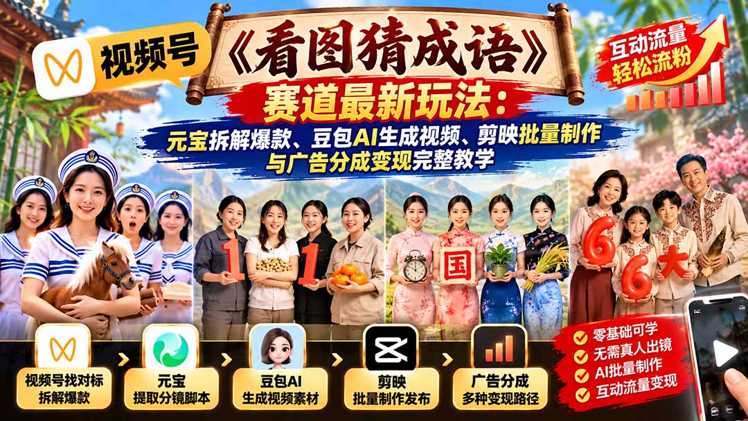 （21060期）视频号《看图猜成语》赛道最新玩法：元宝拆解爆款、豆包AI生成视频、剪映批量制作与广告分成变现完整教学 - 臻优资源网