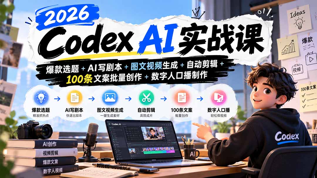 （20899期）2026Codex AI实战课：爆款选题+AI写剧本+图文视频生成+自动剪辑+100条文案批量创作+数字人口播制作 - 臻优资源网