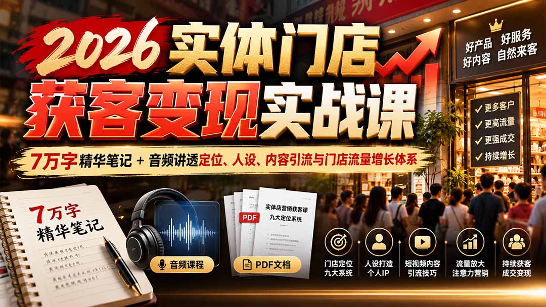 (20832期)2026实体门店获客变现实战课:7万字精华笔记+音频讲透定位、人设、内容引流与门店流量增长体系 - 臻优资源网