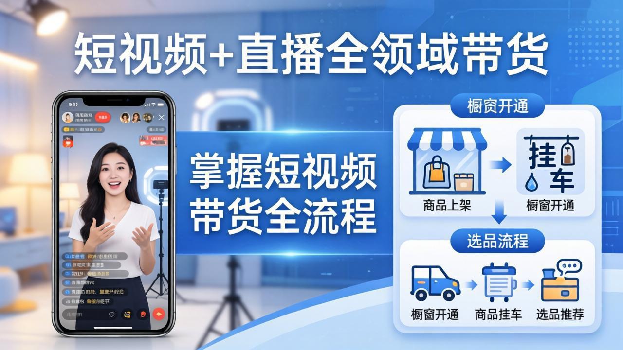 （17915期）短视频+直播全领域带货-更新：掌握橱窗开通、挂车、选品、爆款文案改编等短视频带货全流程 - 臻优资源网