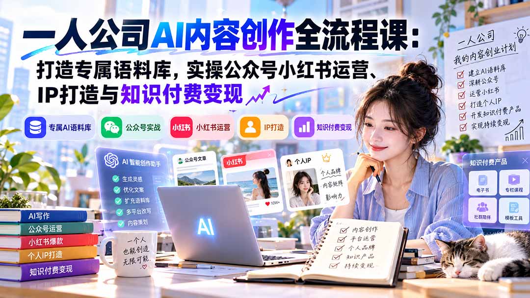（20866期）一人公司AI内容创作全流程课：打造专属语料库，实操公众号小红书运营、IP打造与知识付费变现方法论 - 臻优资源网