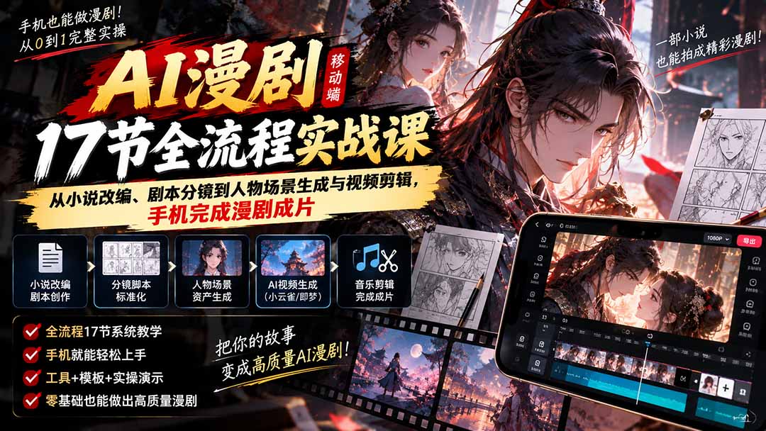 （20624期）AI漫剧移动端17节全流程实战课：从小说改编、剧本分镜到人物场景生成与视频剪辑，手机完成漫剧成片 - 臻优资源网