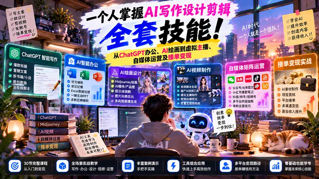 （21029期）一个人掌握AI写作设计剪辑全套技能：从ChatGPT办公、AI绘画到虚拟主播、自媒体运营及接单变现 - 臻优资源网