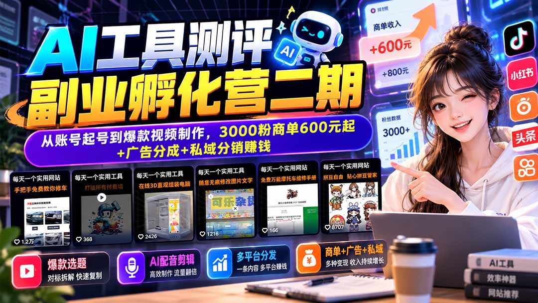 （20799期）AI工具测评副业孵化营二期：从账号起号到爆款视频制作，3000粉商单600元起+广告分成+私域分销赚钱 - 臻优资源网
