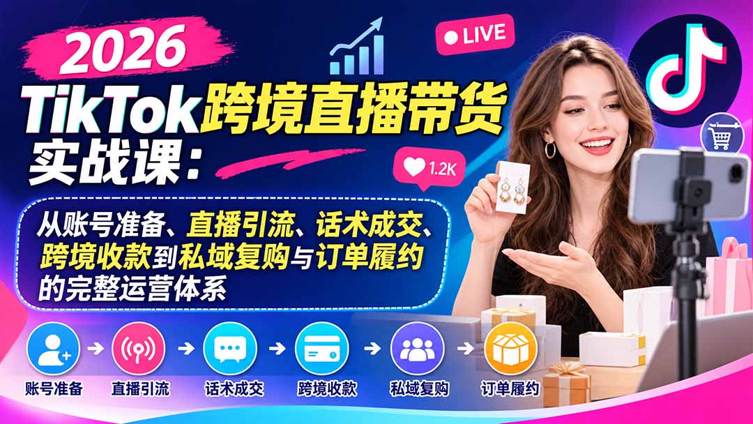 （20898期）2026TikTok跨境直播带货实战课：从账号准备、直播引流、话术成交、跨境收款到私域复购与订单履约的完整运营体系 - 臻优资源网