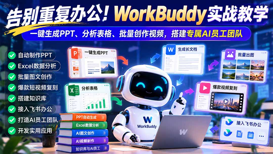 （21152期）告别重复办公！WorkBuddy实战教学：一键生成PPT、分析表格、批量创作视频，搭建专属AI员工团队 - 臻优资源网