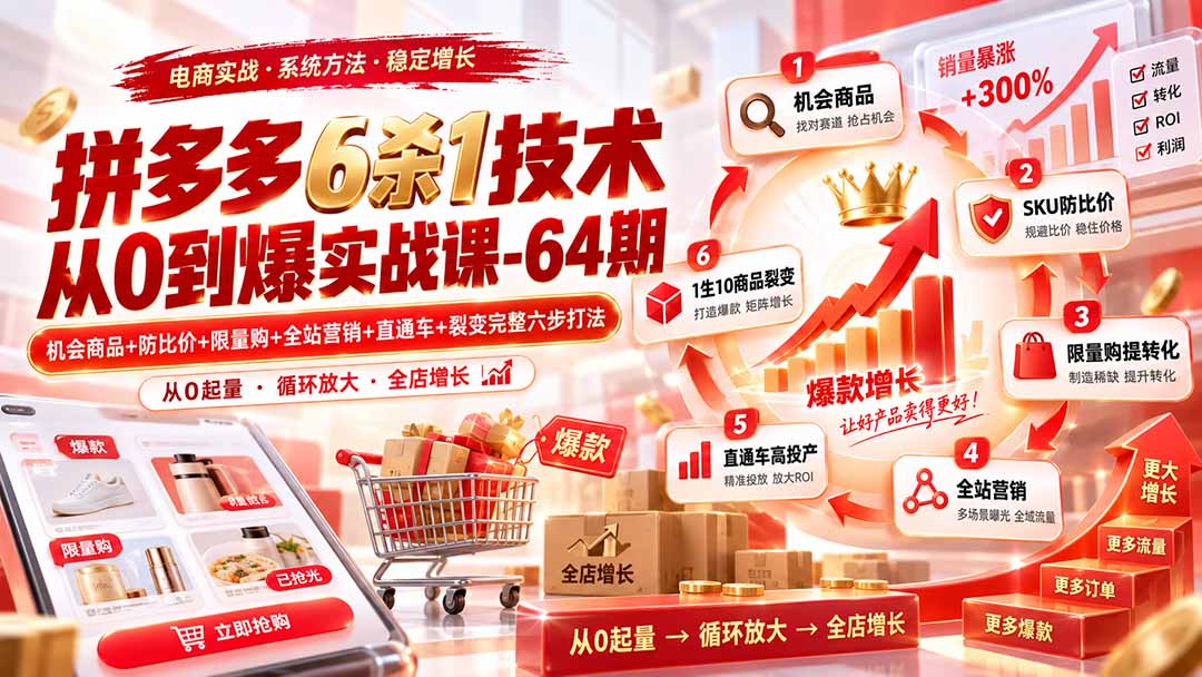 （20315期）拼多多6杀1技术从0到爆实战课-64期：机会商品+防比价+限量购+全站营销+直通车+裂变完整六步打法 - 臻优资源网