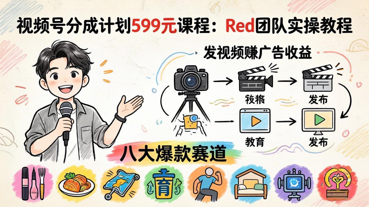 （18088期）视频号分成计划599元课程：Red团队实操教程，发视频赚广告收益，八大爆款赛道全掌握 - 臻优资源网