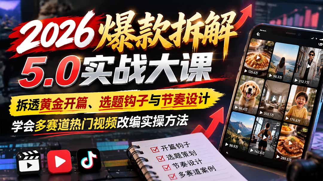 （21110期）2026爆款拆解5.0实战大课：拆透黄金开篇、选题钩子与节奏设计，学会多赛道热门视频改编实操方法 - 臻优资源网