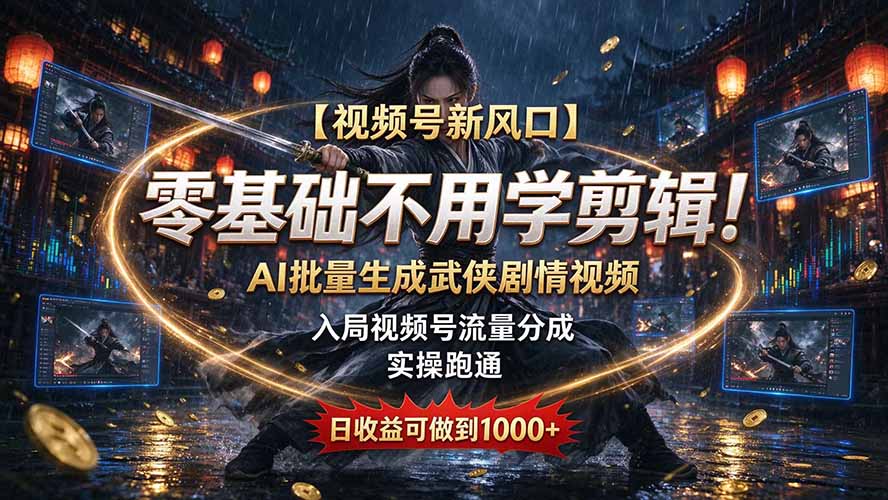 （20780期）【视频号新风口】零基础不用学剪辑！AI 批量生成武侠剧情视频，入局视频号流量分成，实操跑通，日收益可做到 1000+ - 臻优资源网