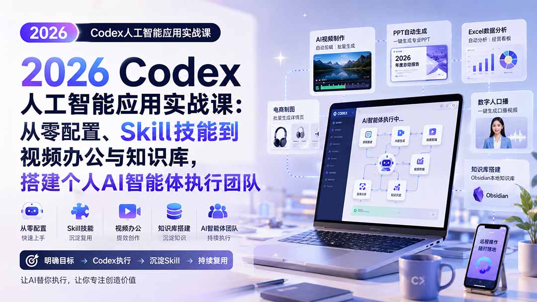 （20067期）2026 Codex人工智能应用实战课：从零配置、Skill技能到视频办公与知识库，搭建个人AI智能体执行团队 - 臻优资源网