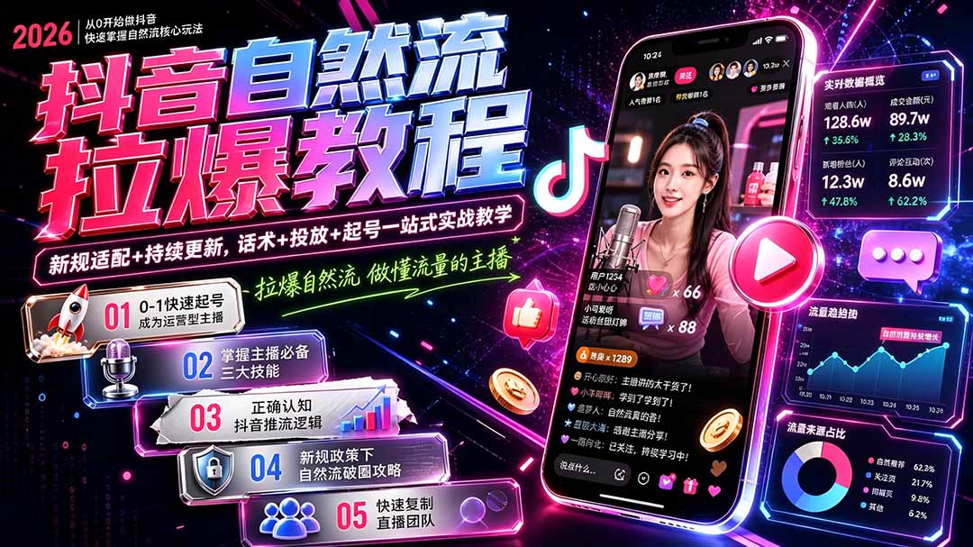 （20226期）抖音自然流拉爆教程-更新8月：做懂流量的主播，新规适配+持续更新，话术+投放+起号一站式实战教学 - 臻优资源网