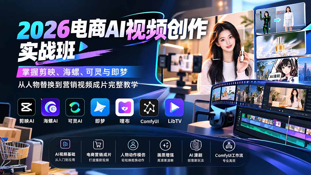 （20466期）2026电商AI视频创作实战班：掌握剪映、海螺、可灵与即梦，从人物替换到营销视频成片完整教学 - 臻优资源网
