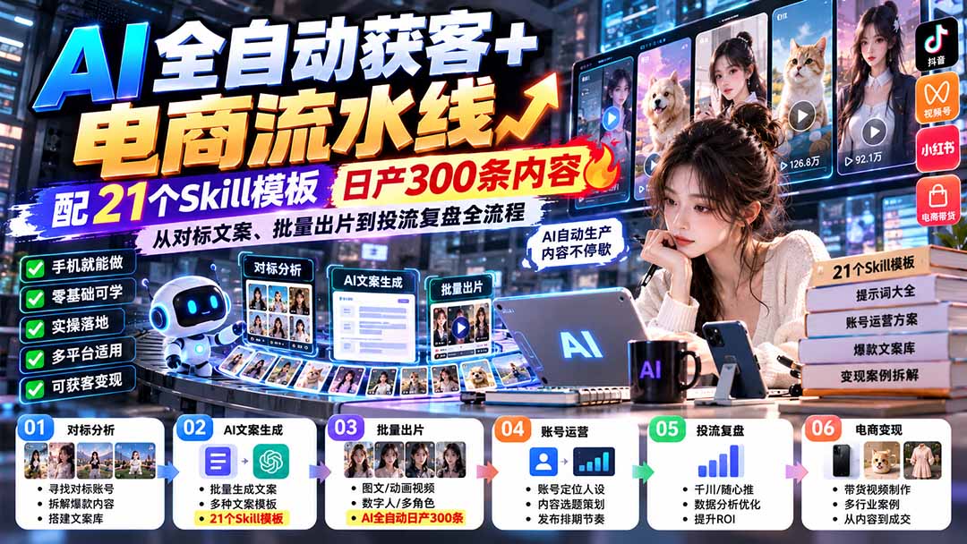 （20713期）【无水印】AI全自动获客+电商流水线-更新0929：配21个Skill模板，日产300条内容，从对标文案、批量出片到投流全流程 - 臻优资源网