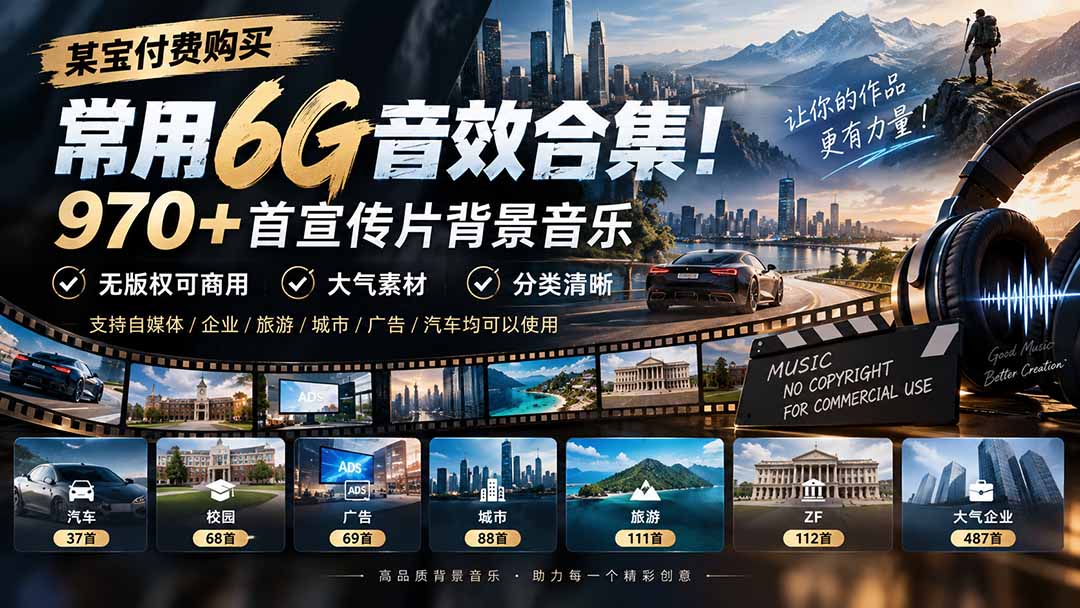 （20603期）某宝付费购买，常用6G音效合集！970+首宣传片背景音乐，无版权可商用大气素材，分类清晰 - 臻优资源网